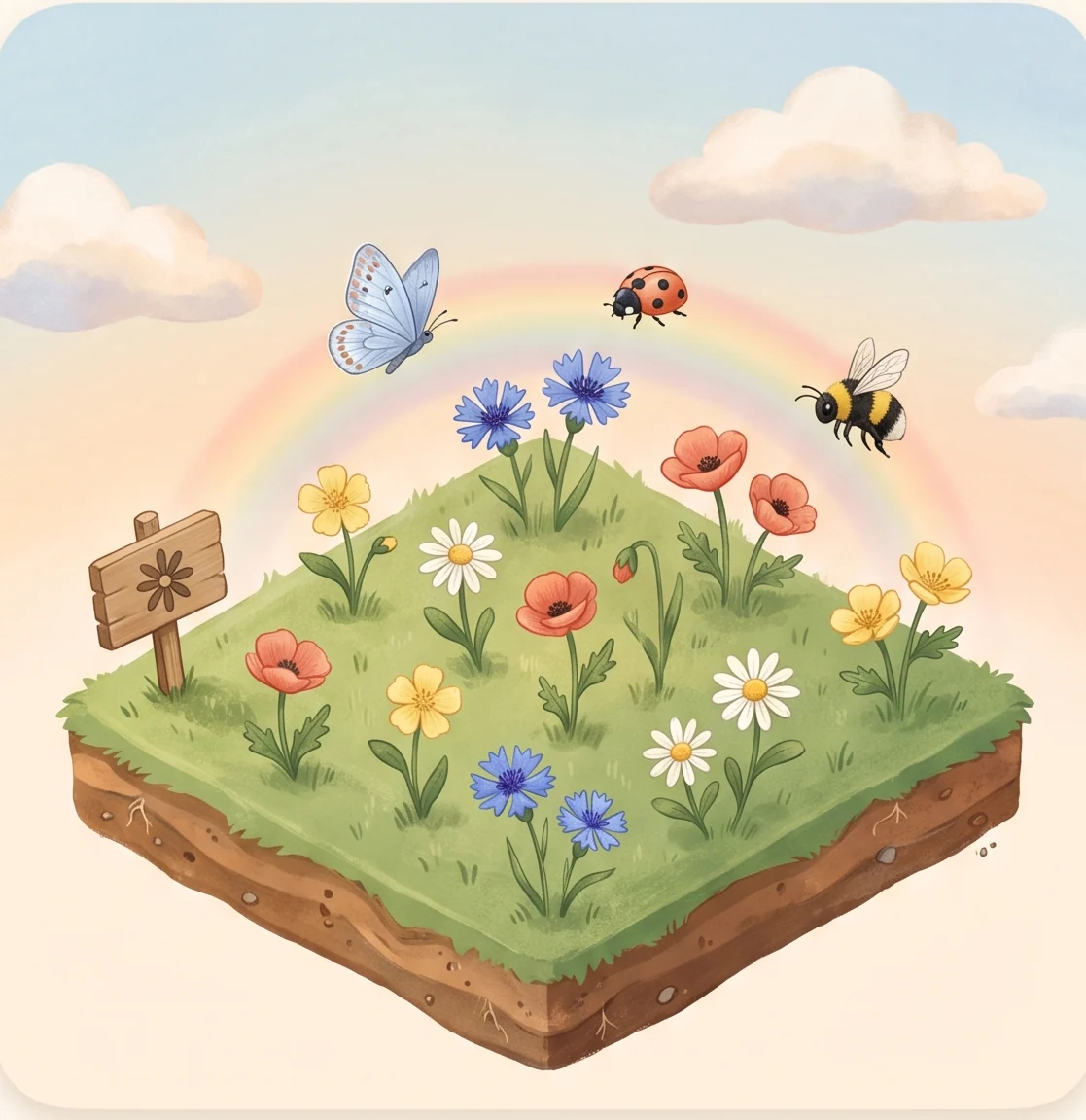 An isometric illustrated wildflower meadow — poppies, cornflowers and daisies on a grassy plot, visited by a butterfly, a ladybird and a bumblebee under a rainbow