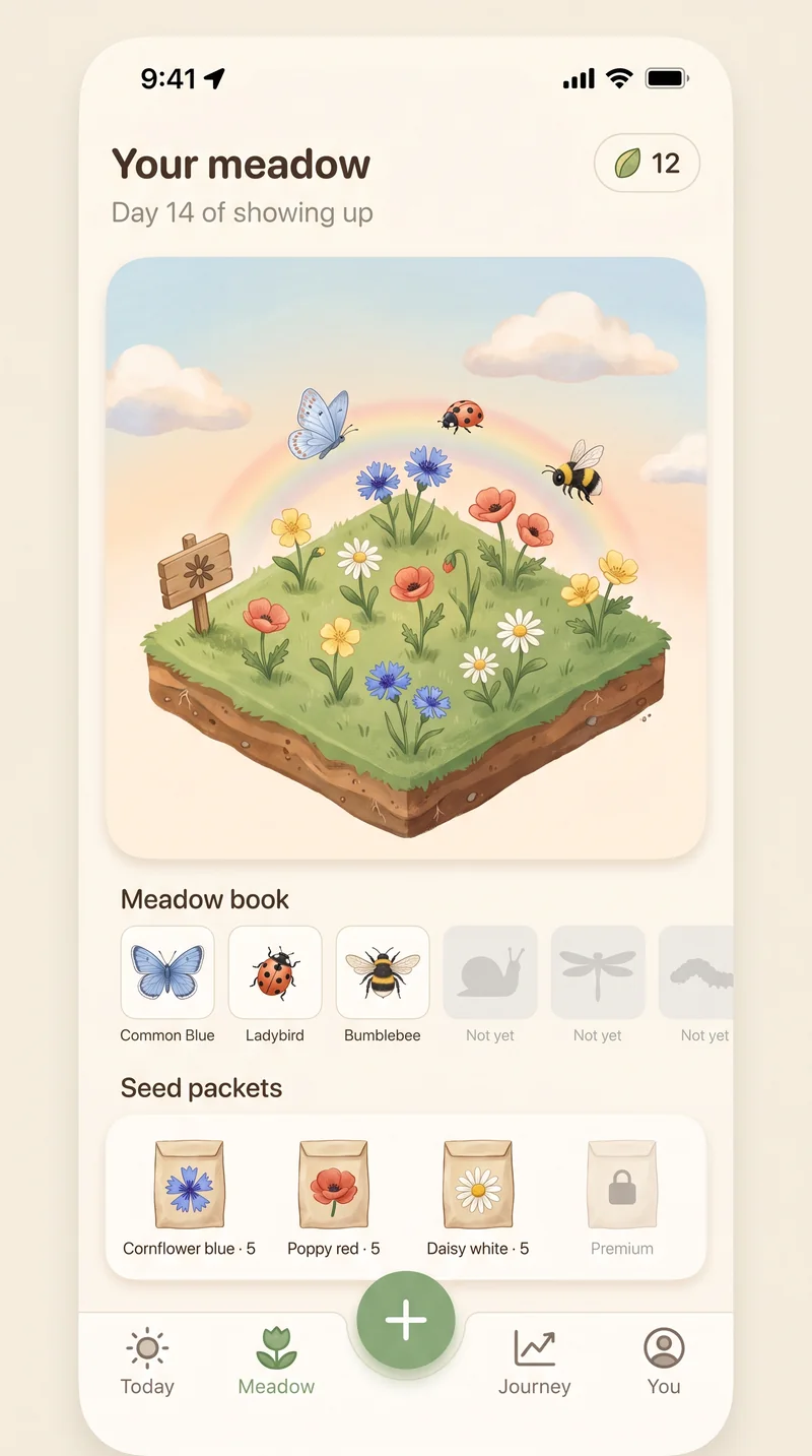 The Meadow tab — your isometric wildflower meadow, the meadow book of visitors, and seed packets